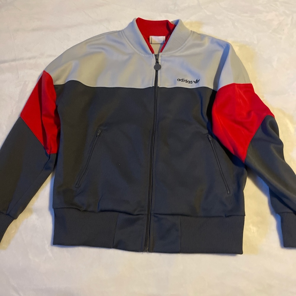 Vintage Adidas Men's Gray and Red Bomber Jacket